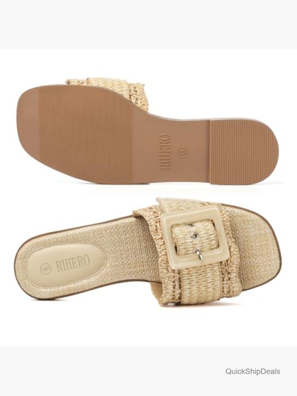 Raffia Flat Sandals Square Open Toe Slip On Woven Buckle Slide Sandals - Picture 6 of 7
